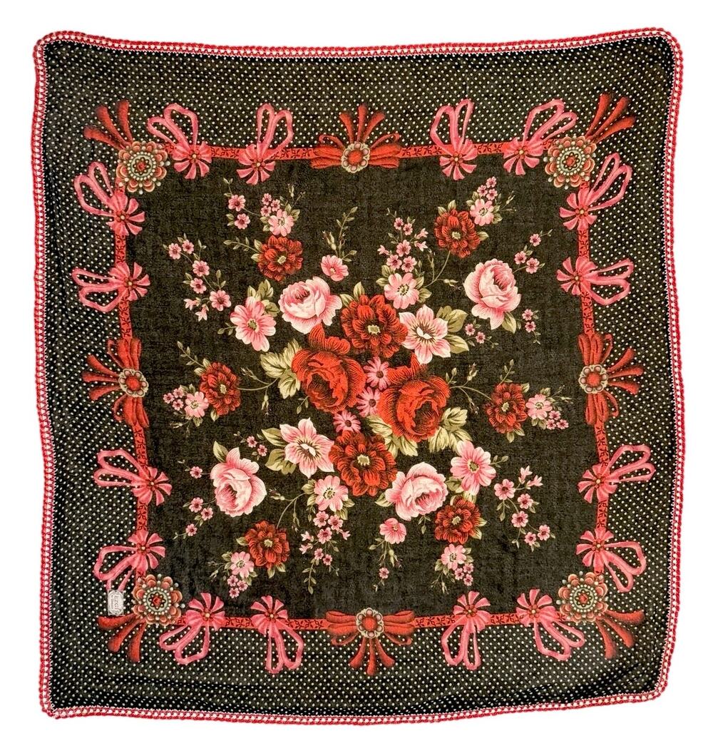 EZGI by Gunbatili Turkish Floral Polka Dot Scarf Crochet Trim Black Red Vintage